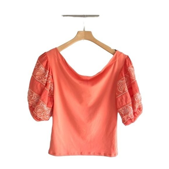 Free People Coral Rock With It Embroidered Puff Sleeve Off The Shoulder Top - Picture 1 of 6